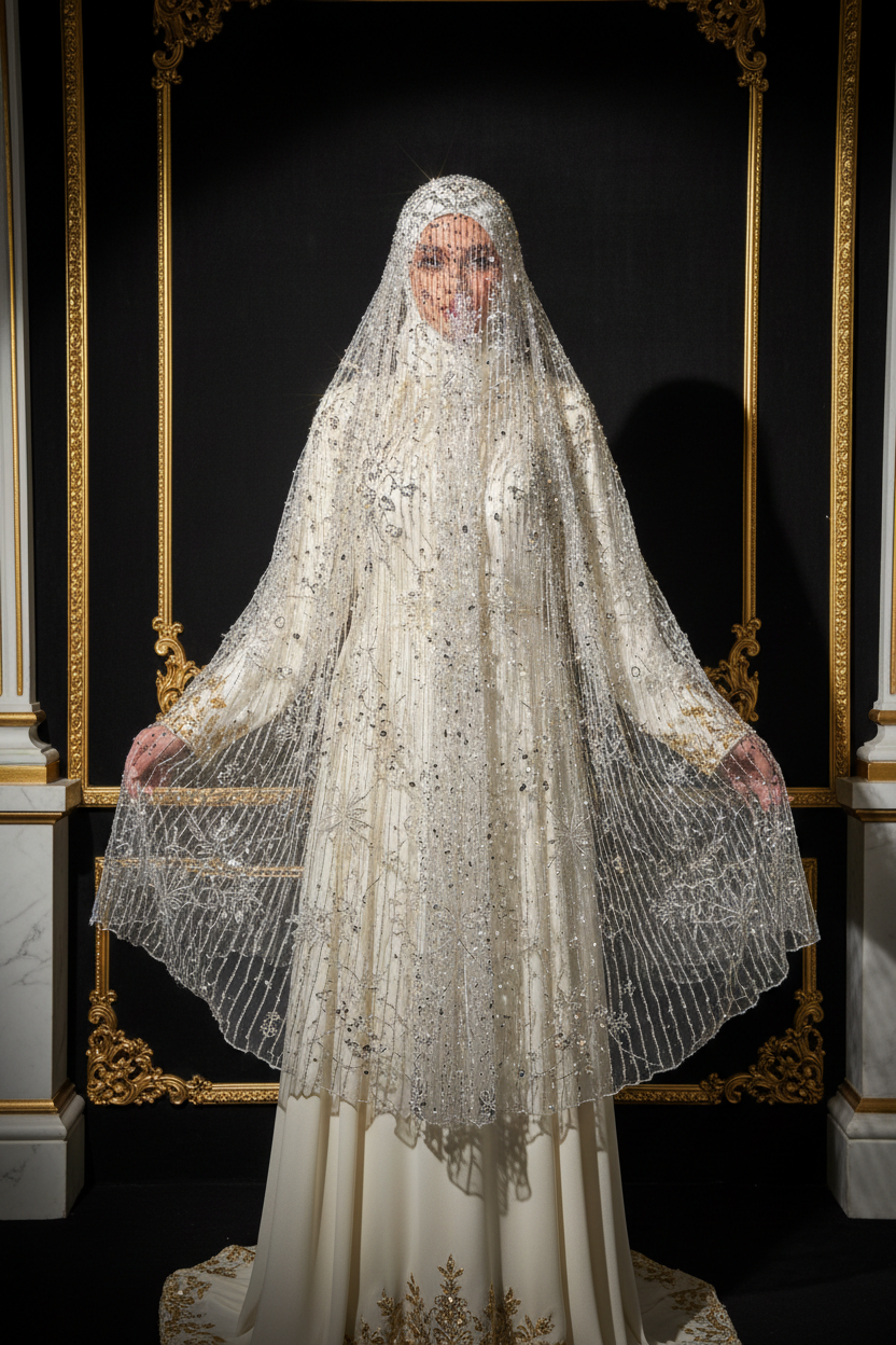 Elegant crystal hijab by Anamiyat featuring delicate crystal embellishments and flowing fabric for a sophisticated look.