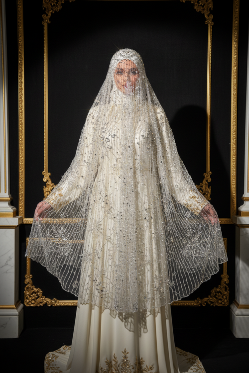 Elegant crystal hijab by Anamiyat featuring delicate crystal embellishments and flowing fabric for a sophisticated look.
